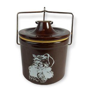 Vintage Santa Claus Brown Stoneware Locking Lid Cheese Crock Christmas 1990